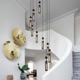 24" Modern Industrial Multi-Light Pendant Chandelier - 9-Light Black and Gold Adjustable Ceiling Light Fixture with Mesh Cylinder Shades for Livi